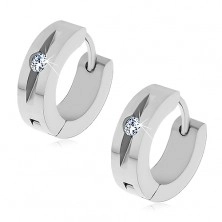 Shiny steel earrings in silver colour, clear round zircon