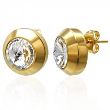 Steel earrings in gold colour - big clear zircon in mount