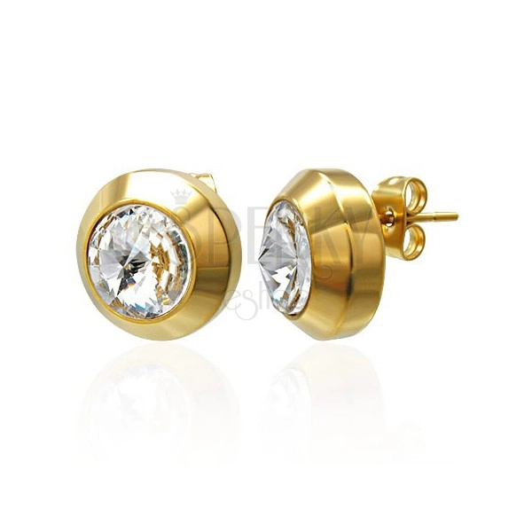 Steel earrings in gold colour - big clear zircon in mount