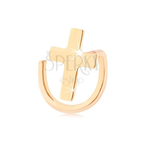Piercing for nose in yellow 14K gold - curved, glossy Latin cross