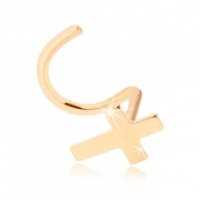 Piercing for nose in yellow 14K gold - curved, glossy Latin cross
