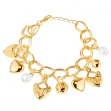 Bracelet, golden hue, double chain, pendants - balls, hearts, lobster clasp