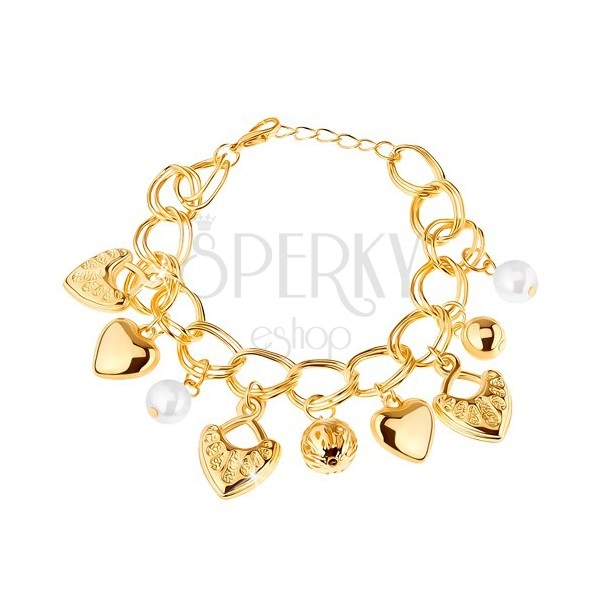 Bracelet, golden hue, double chain, pendants - balls, hearts, lobster clasp