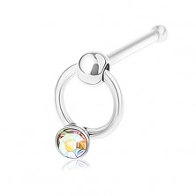 Straight nose piercing made of stainless steel, small ball with circle and zircon