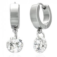 Round earrings, stainless steel, dangling sparkly clear zircon