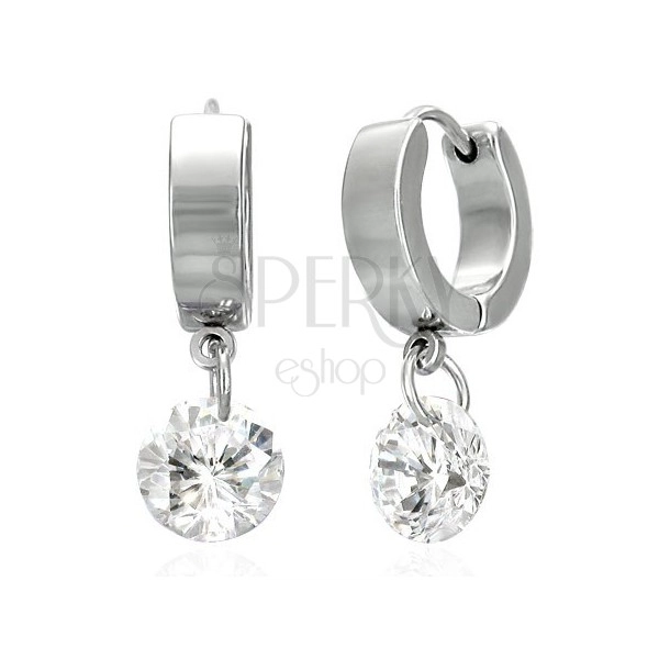 Round earrings, stainless steel, dangling sparkly clear zircon
