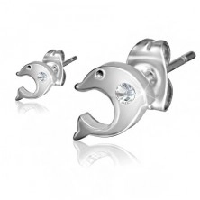 Earrings, stainless steel, mirror-polished dolphin, clear zircon, studs