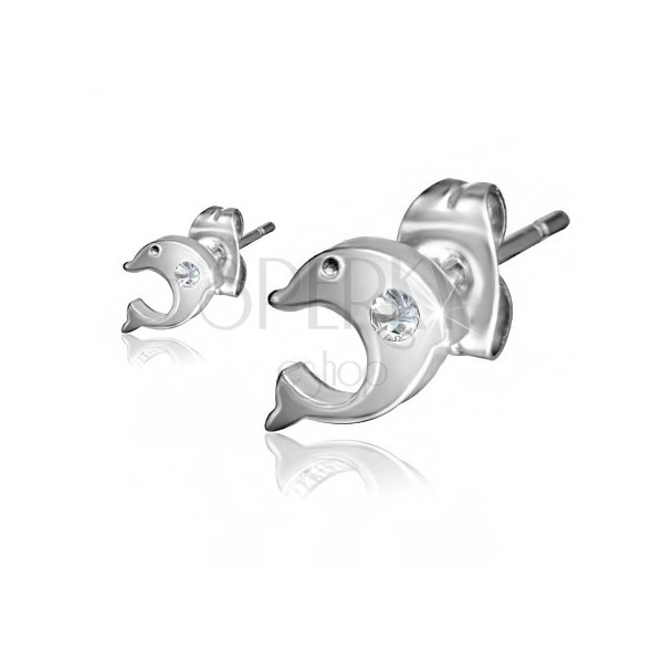 Earrings, stainless steel, mirror-polished dolphin, clear zircon, studs