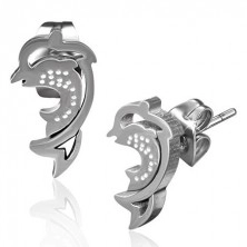 Steel earrings in silver tone, jumping dolphin outline, studs