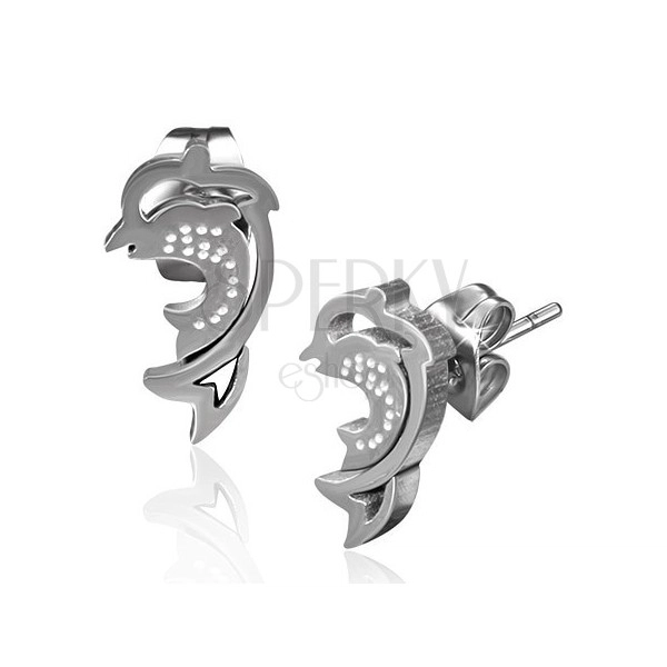 Steel earrings in silver tone, jumping dolphin outline, studs