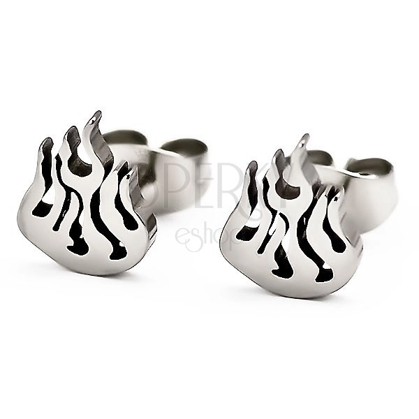Stud earrings, 316L steel, silver hue, small flame