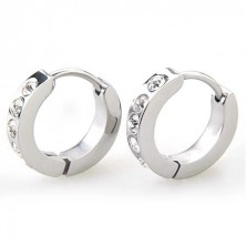 Shiny hinged snap earrings, 316L steel, clear zircons, silver hue