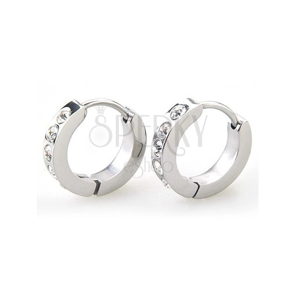 Shiny hinged snap earrings, 316L steel, clear zircons, silver hue
