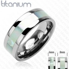 Titanium wedding ring in silver colour with pearly strip in the middle 
