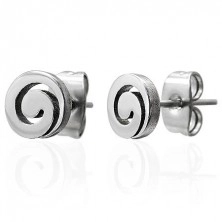 Steel earrings, silver tone, shiny spiral, studs