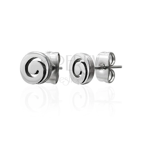 Steel earrings, silver tone, shiny spiral, studs