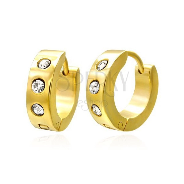 Hinged snap earrings from stainless steel, golden colour, clear zircons