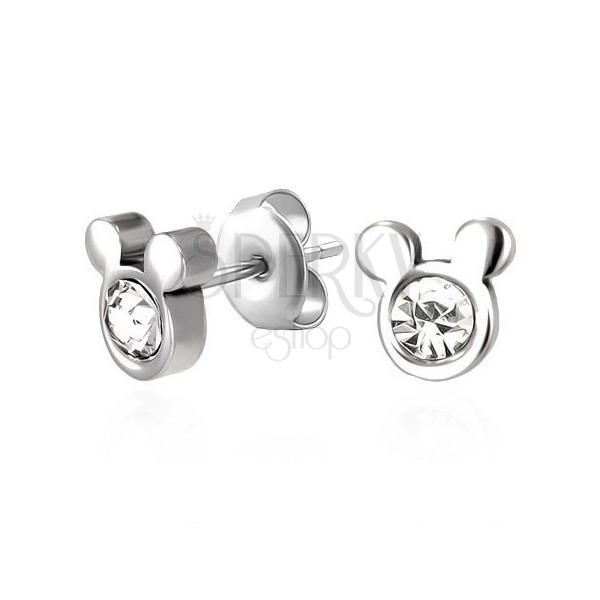 316L steel earrings, silver hue, zircon, head of mouse