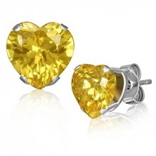 Steel earrings, tiny heart, yellow zircon, stud fastening