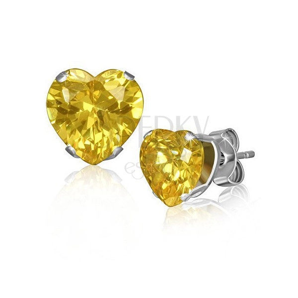 Steel earrings, tiny heart, yellow zircon, stud fastening