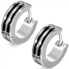 Hinged snap earrings, 316L steel, circles in silver tone, black stripes