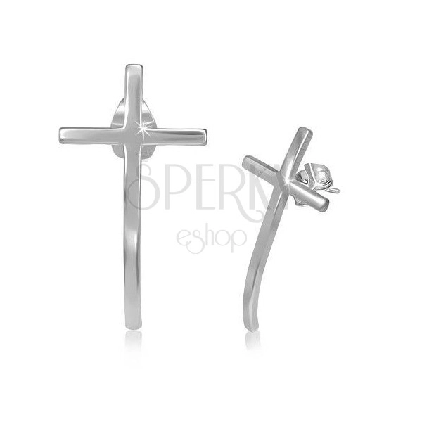 Stud earrings, 316L steel, silver colour, cross with bent arm