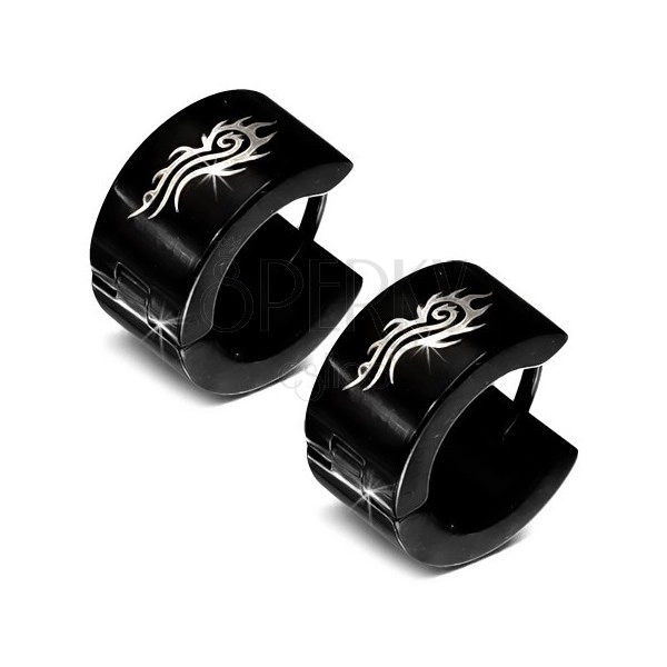 Round black earrings made of 316L steel, shiny surface, tribal motif
