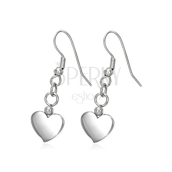 Steel earrings, silver hue, shiny and flat reversible hearts