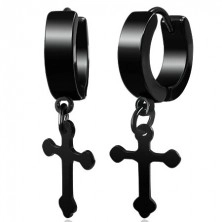 Lustrous earrings in black hue, 316L steel, trefoil cross