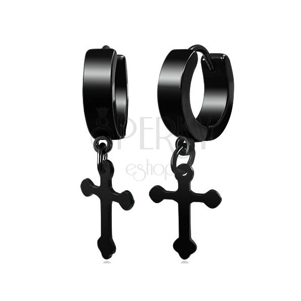Lustrous earrings in black hue, 316L steel, trefoil cross