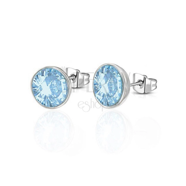 Steel earrings, silver hue, light blue round zircon, studs, 7 mm