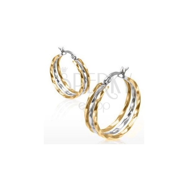 Hoop earrings made of steel, gold and silver tone, twisted lines
