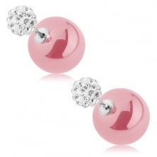 Earrings - reversible, studs, pink and white ball, clear zircons