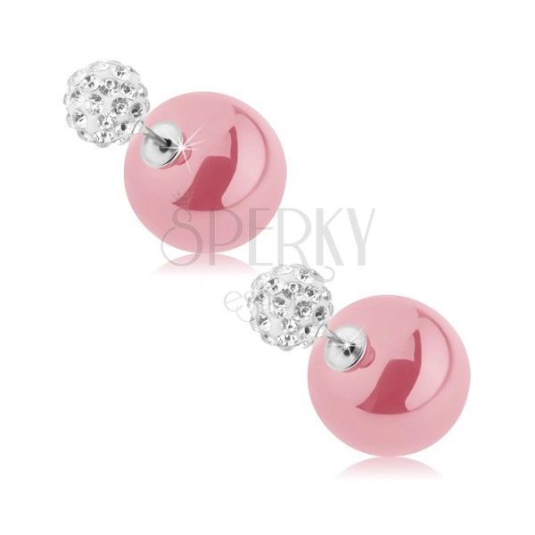 Earrings - reversible, studs, pink and white ball, clear zircons