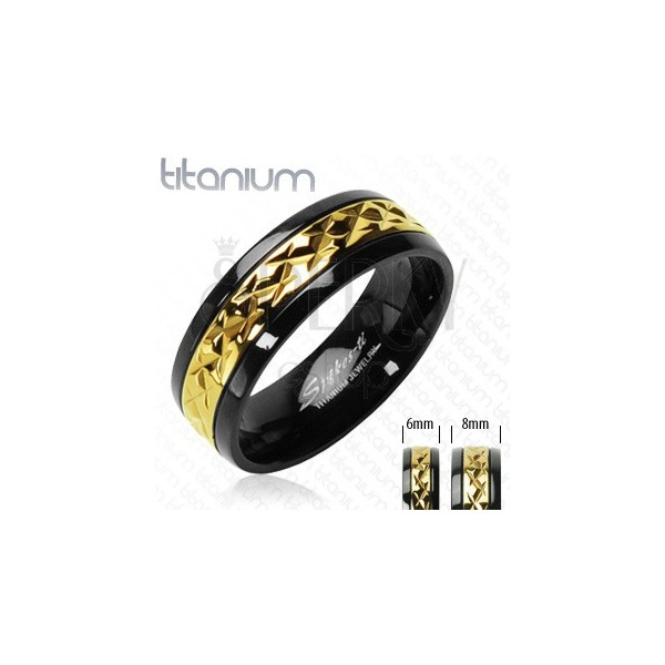 Black titanium ring with patterned golden stripe