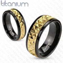 Black titanium ring with patterned golden stripe