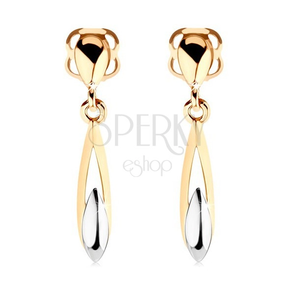 Earrings made of 14K gold - two-tone elongated tear with cutout