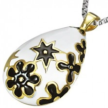 Teardrop steel pendant with two-coloured flowers
