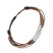 Bracelet composed of strings in black, brown, cinnamon and beige hue, steel strips