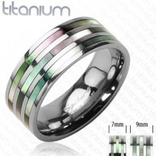 Titanium ring with three pearly stripes in rainbow shades
