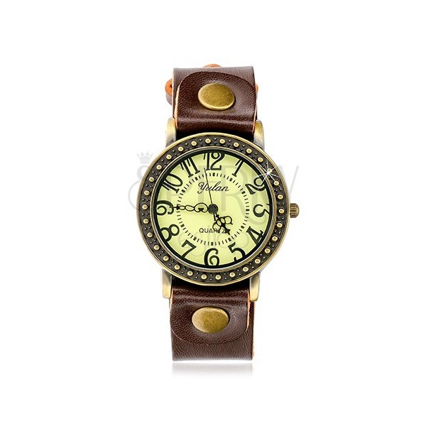 Analogue wristwatch, brown strap, round clock face