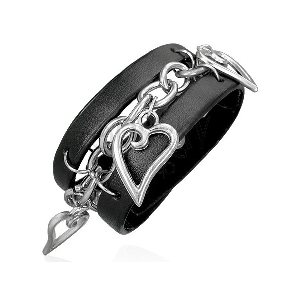 Black leather bracelet - chain and hearts