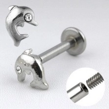 Chin piercing labret made of steel - glossy jumping dolphin with a zircon eye