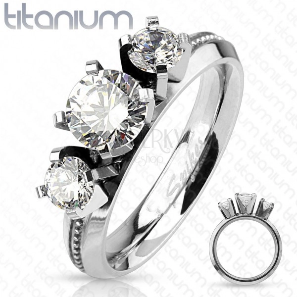 Titanium ring, silver colour, three round clear zircons, high gloss