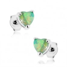 Earrings, 316L steel, synthetic opal hearts in green colour