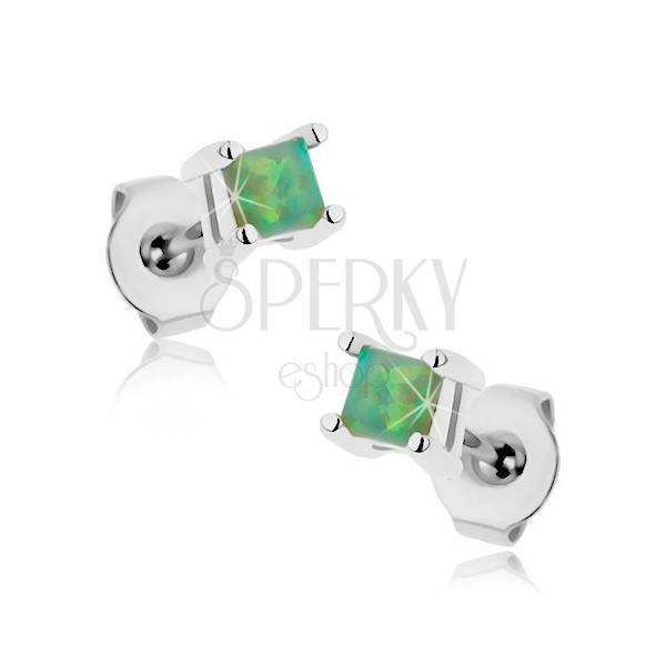 Earrings made of stainless steel, green square - synthetic opal, 3 mm