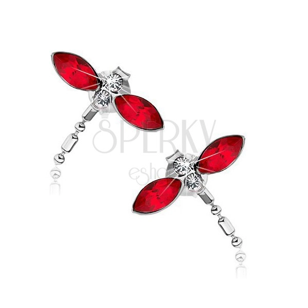925 silver earrings, dragonflies, red wings, Swarovski crystals, dangling tail