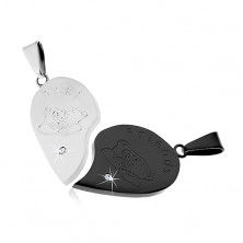 Two pendants made of 316L steel, heart - silver and black hue, bear, inscription, zircon