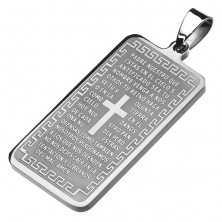 Rectangular tag made of stainless steel, silver hue, Lord's Prayer, cross