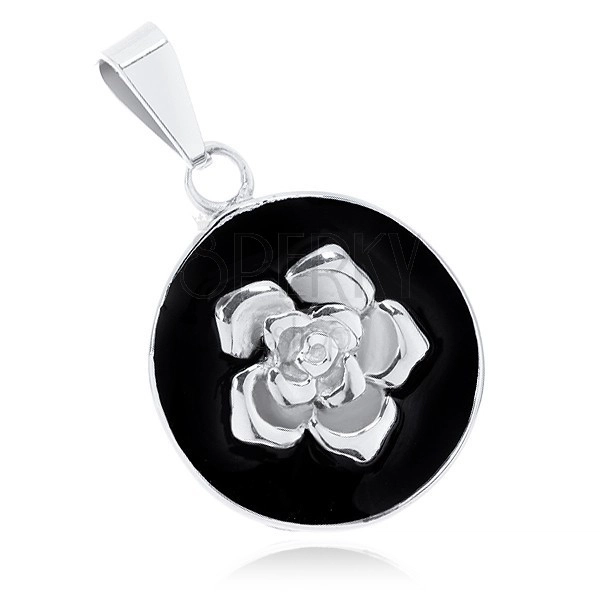 Pendant made of 316L steel, matt black circle, shiny rose in silver hue